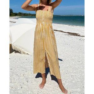 EMERSON FRY Santiago Dress M/L Marigold Stripe Midi Sundress Smocked Button Fron